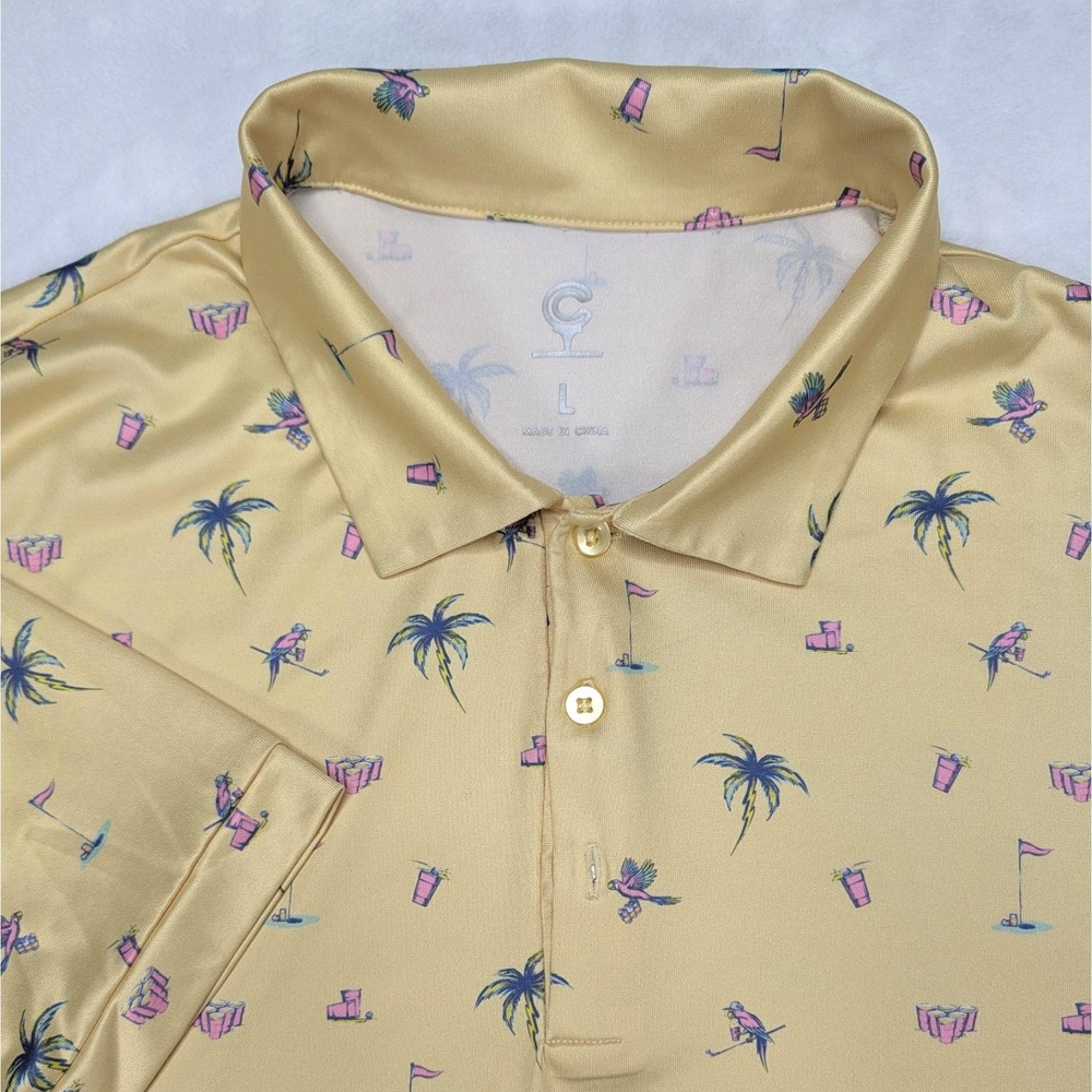 Caddy Daddy Mens Large Yellow Palm Tree Golf Beer Pong Performance‎ Polo Shirt